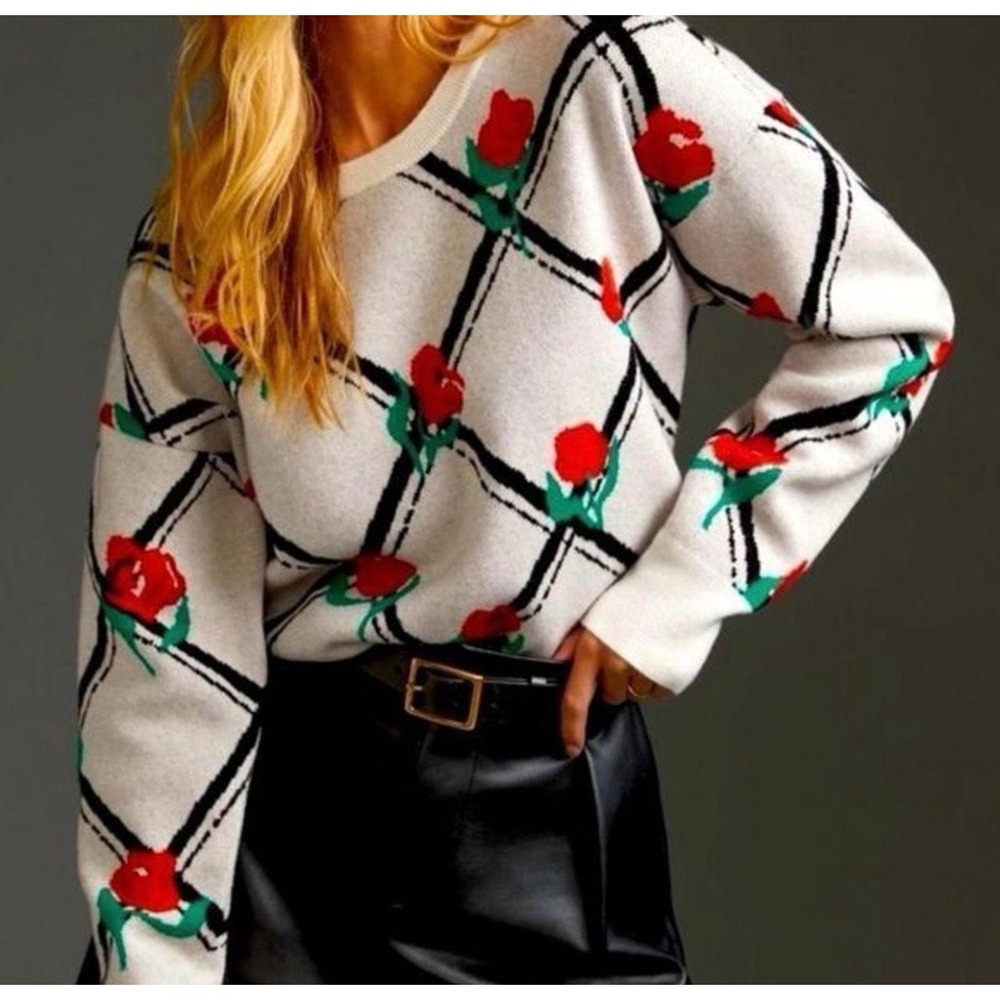 Anthropologie Maeve Rose Floral Diamond Lattice Crewneck Sweater Med White Red